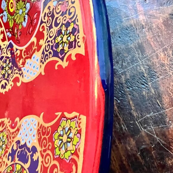 Vintage Red Enamel Decorative Bowl With Floral & Peacock Motifs - Picture 10 of 10